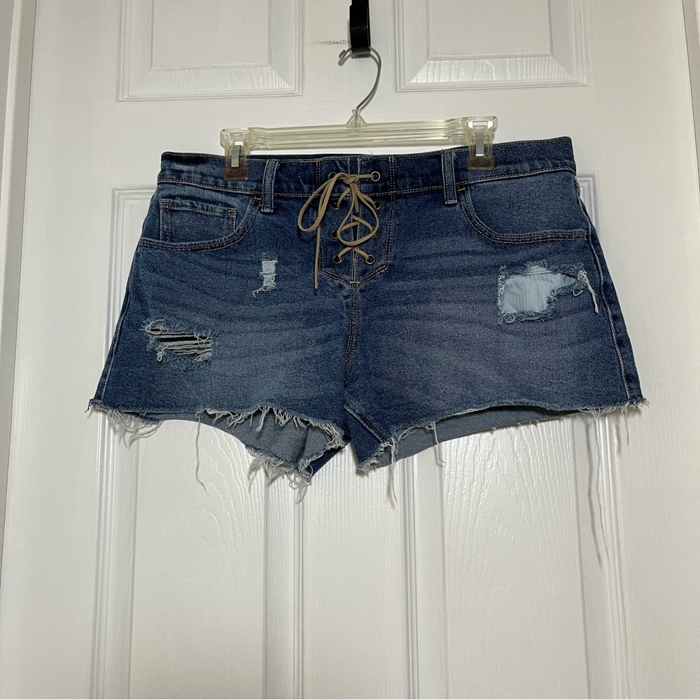 Hollister Blue Low Rise Lace-Up Distressed Jean Shorts